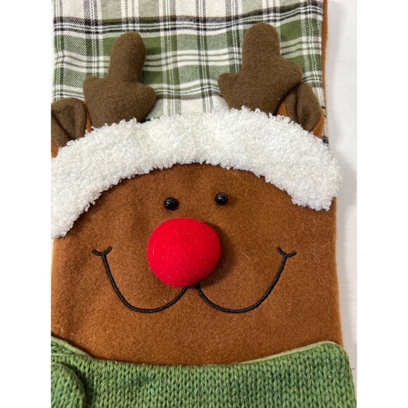 Christmas Reindeer Stocking With Green Plaid Cuff & Noel Star 3D Reindeer Face W - Picture 2 of 5